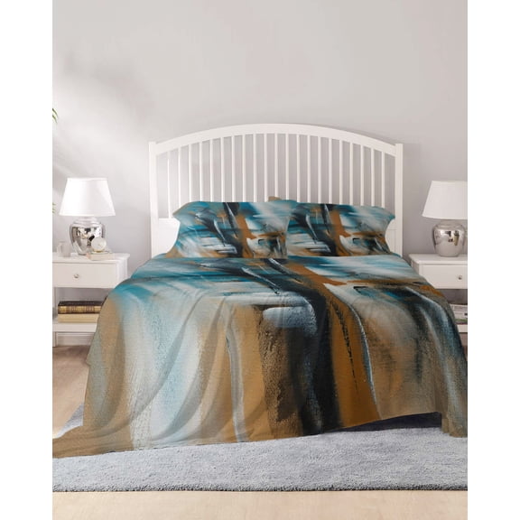 4 Piece Full Sheet Set Turquoise Ombre Sheets Set for Full Size Bed, Breathable Soft Microfiber Bed Sheets Cooling Brown Abstract Modern Gradient Retro Art Fitted Sheet Deep Pocket, Pillowcases