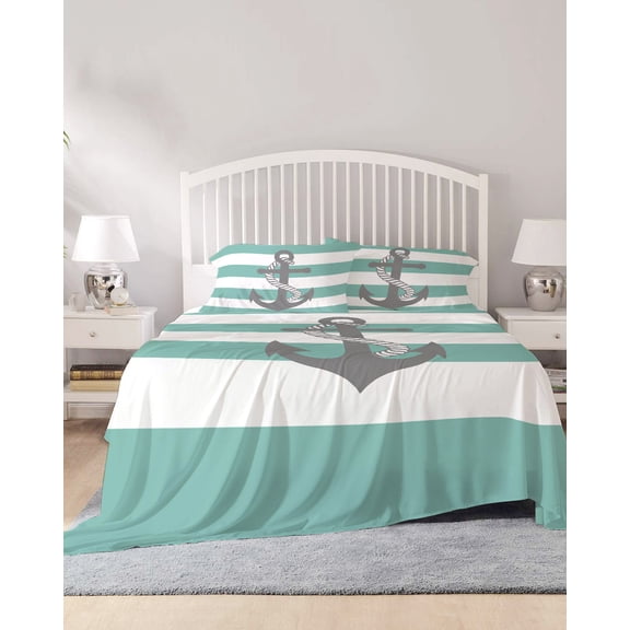 4 Piece Full Sheet Set Turquoise Stripe Nautical Sheets Set for Full Size Bed, Breathable Soft Microfiber Bed Sheets Cooling Grey Anchor Summer Coastal Fitted Sheet Deep Pocket, Pillowcases