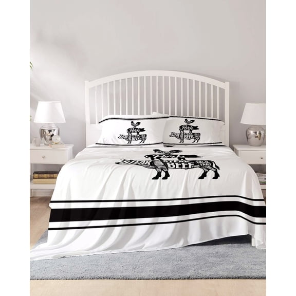 4 Piece Full Sheet Set Vintage Animals Sheets Set for Full Size Bed, Breathable Soft Microfiber Bed Sheets Cooling Pig Rooster Cow Funny Words Retro Art Fitted Sheet Deep Pocket, Pillowcases