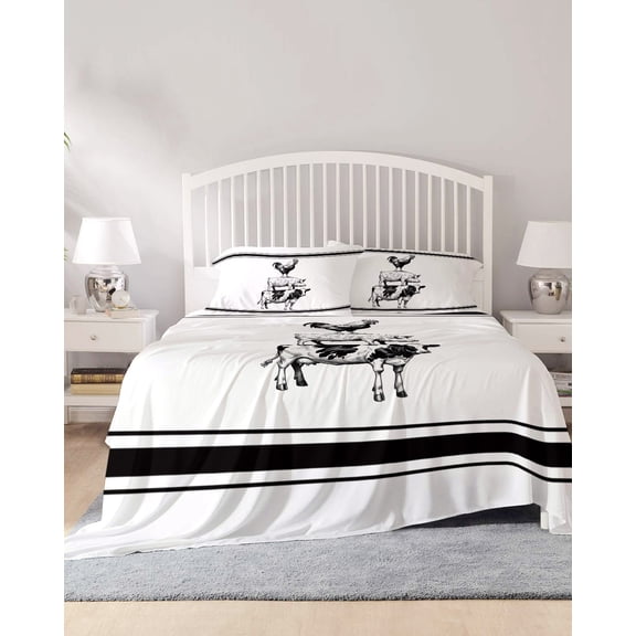 4 Piece Full Sheet Set Vintage Animals Sheets Set for Full Size Bed, Breathable Soft Microfiber Bed Sheets Cooling Pig Rooster Cow Retro Art Fitted Sheet Deep Pocket, Pillowcases