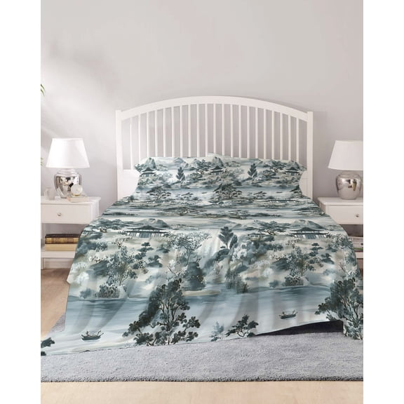 4 Piece Full Sheet Set Vintage Garden Sheets Set for Full Size Bed, Breathable Soft Microfiber Bed Sheets Cooling Modern Art Retro Mountain Lake Tree Fitted Sheet Deep Pocket, Pillowcases