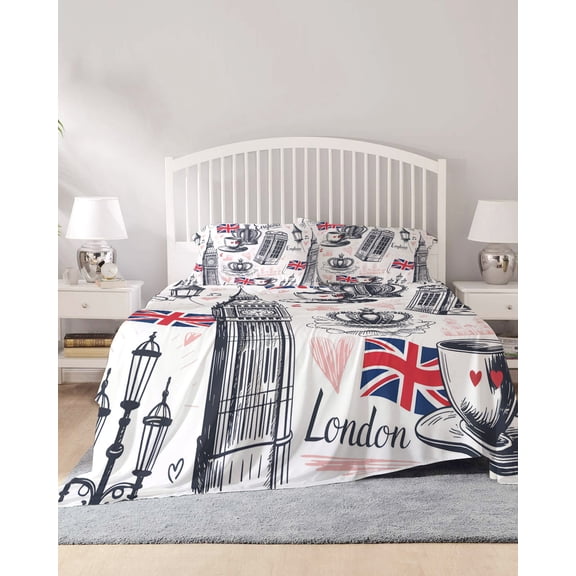 4 Piece Full Sheet Set Vintage London Sheets Set for Full Size Bed, Breathable Soft Microfiber Bed Sheets Cooling Farmhouse Coffee Country Fitted Sheet Deep Pocket, Pillowcases