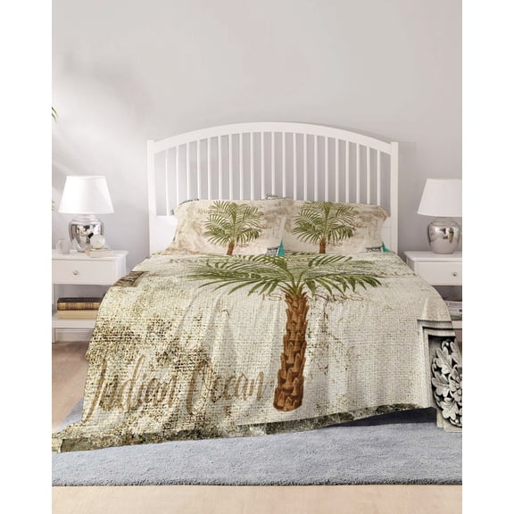 4 Piece Full Sheet Set Vintage Palm Trees Sheets Set for Full Size Bed, Breathable Soft Microfiber Bed Sheets Cooling Summer Tropical Botanical Beige Burlap Fitted Sheet Deep Pocket, Pillowcases