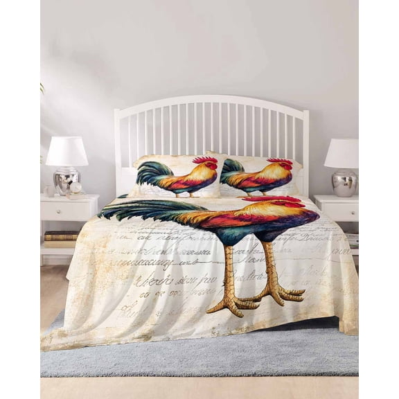 4 Piece Full Sheet Set Vintage Rooster Sheets Set for Full Size Bed, Breathable Soft Microfiber Bed Sheets Cooling Farmhouse Retro Rustic Animal Prints Fitted Sheet Deep Pocket, Pillowcases