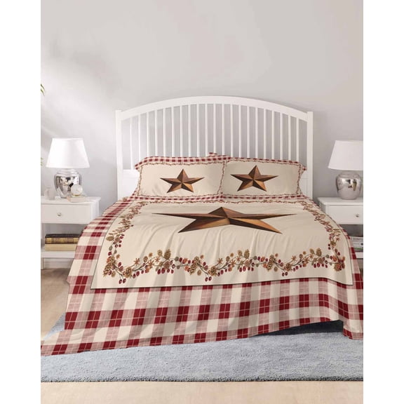 4 Piece Full Sheet Set Western Texas Star Retro Sheets Set for Full Size Bed, Breathable Soft Microfiber Bed Sheets Cooling Rustic Vintage Farm Red Beige Plaid Fitted Sheet Deep Pocket, Pillowcases