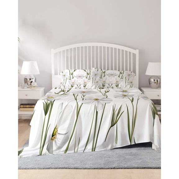 4 Piece Full Sheet Set White Floral Sheets Set for Full Size Bed, Breathable Soft Microfiber Bed Sheets Cooling Garden Floral Seasonal Botanical Blooms Fitted Sheet Deep Pocket, Pillowcases