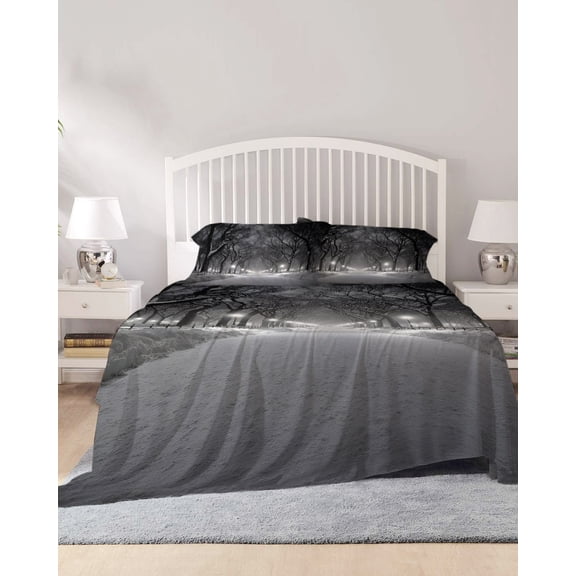 4 Piece Full Sheet Set Winter Snowscape Sheets Set for Full Size Bed, Breathable Soft Microfiber Bed Sheets Cooling Night Snow Landscape Trees Natural Fitted Sheet Deep Pocket, Pillowcases