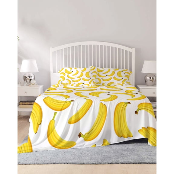 4 Piece Full Sheet Set Yellow Banana Sheets Set for Full Size Bed, Breathable Soft Microfiber Bed Sheets Cooling Summer Tropical Fruits Watercolor Fitted Sheet Deep Pocket, Pillowcases