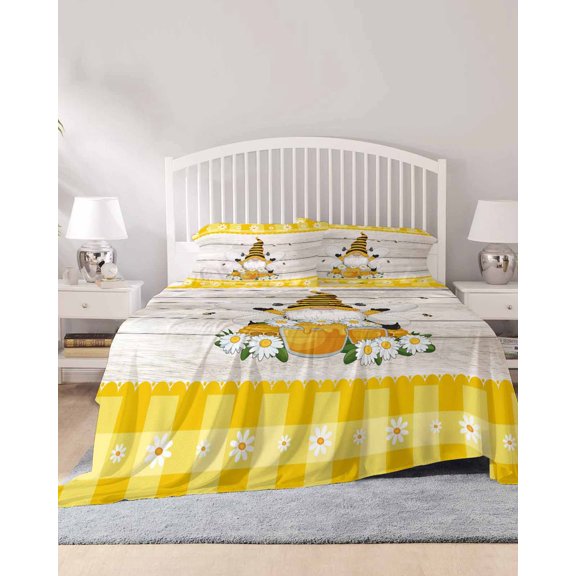 4 Piece Full Sheet Set Yellow Gnomes Sheets Set for Full Size Bed, Breathable Soft Microfiber Bed Sheets Cooling Spring Bees Daisy Plaid Wooden Grain Fitted Sheet Deep Pocket, Pillowcases