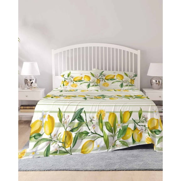 4 Piece Full Sheet Set Yellow Lemon Sheets Set for Full Size Bed, Breathable Soft Microfiber Bed Sheets Cooling Country Botanical Fruit Sage Green Striped Fitted Sheet Deep Pocket, Pillowcases