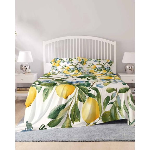 4 Piece Full Sheet Set Yellow Lemon Sheets Set for Full Size Bed, Breathable Soft Microfiber Bed Sheets Cooling Green Leaf Blue Flower Tropical Fruit Fitted Sheet Deep Pocket, Pillowcases