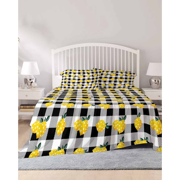 4 Piece Full Sheet Set Yellow Lemons Sheets Set for Full Size Bed, Breathable Soft Microfiber Bed Sheets Cooling Summer Botanical Black White Checkered Fitted Sheet Deep Pocket, Pillowcases