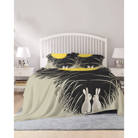 4 Piece Full Sheet Set Yellow Moonlight Sheets Set for Full Size Bed, Breathable Soft Microfiber Bed Sheets Cooling Modern Rustic Rabbits Botanical Fitted Sheet Deep Pocket, Pillowcases