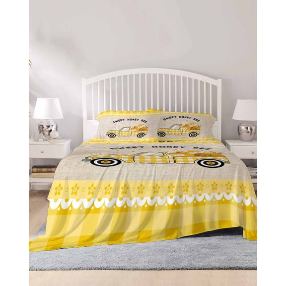 4 Piece Full Sheet Set Yellow Truck Sheets Set for Full Size Bed, Breathable Soft Microfiber Bed Sheets Cooling Spring Botanical Daisy Bee Star Lattice Fitted Sheet Deep Pocket, Pillowcases