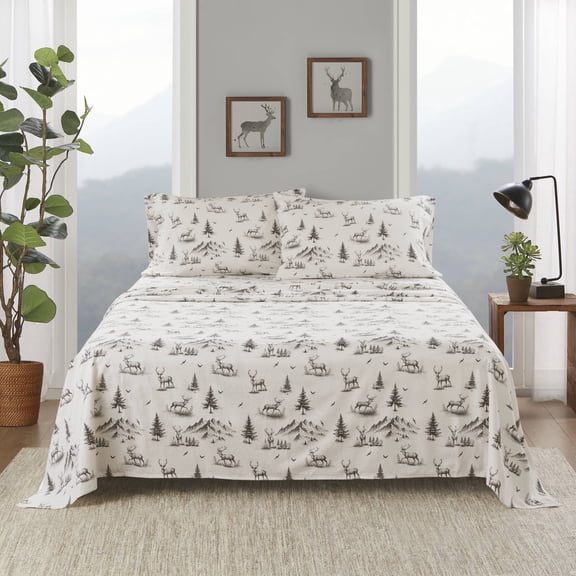 4-Piece Full Size Gray Deer Toile Printed Sheet Set, Soft Microfiber Bedding Sheets & Pillowcases