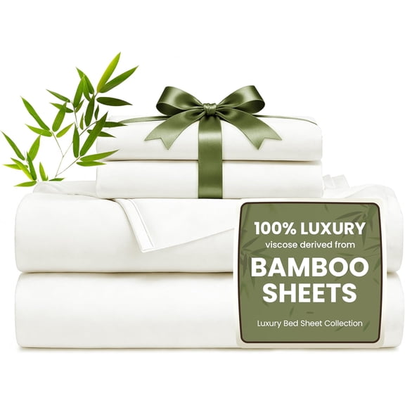 4 Piece Full Size Sheet Set 100% Rayon from Bamboo Cooling Breathable Soft Deep Pocket up to 16 Inches White