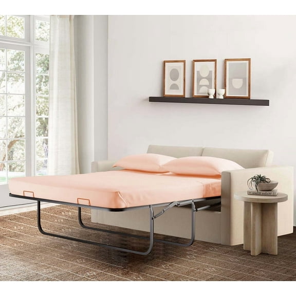 4-Piece Full Sleeper Sofa Sheet Set, 100% Egyptian Cotton, 600 Thread Count, Fits 5" Deep Pull-Out Couch Mattress (54" x 72") - Peach Solid