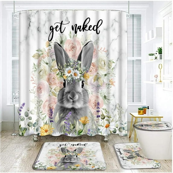 4 Piece Funny Get Naked Rabbit Shower Curtain Set with Rugs, Toilet Lid Cover, Easter Grey Brown Bunny and Pink Floral on Marble Spring Farmhouse Animal Bathroom Shower Curtain with Hooks