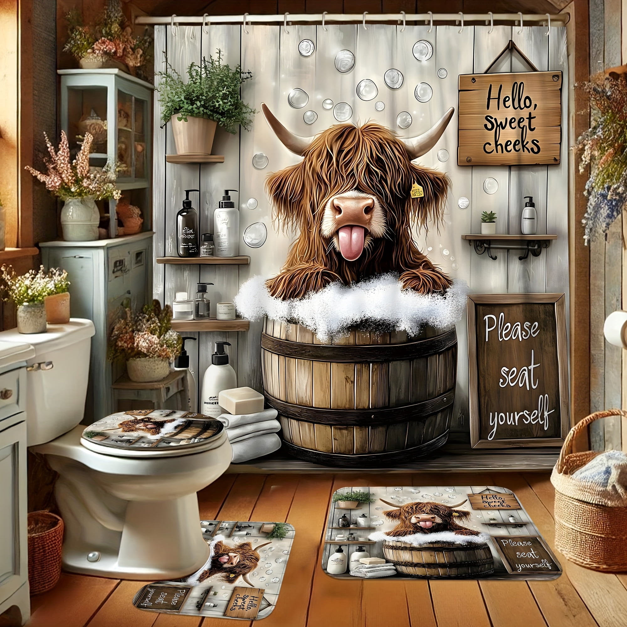 4 Piece Funny Highland Cow Shower Curtain Set - Farmhouse Woodland Bathroom Decor - Washable Fabric Curtain - Rugs and Cover
