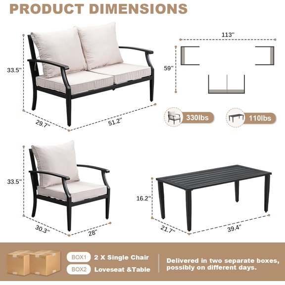 4-Piece Furniture Set, Wider Outdoor Metal Seating Sofa with High Back & Loveseat, Coffee Table, All Weather Metal Conversation Set for Backyard, Poolside, Deck-Beige