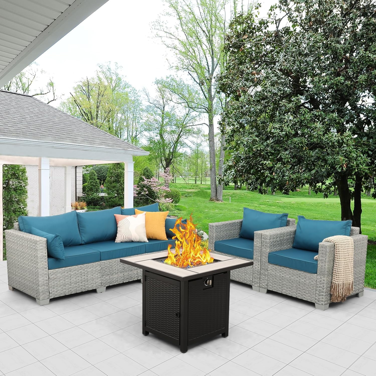 4 Piece Furniture Set with Fire Pit Table Wicker Outdoor Sofa Balcony