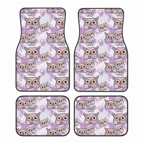 4-Piece Fuzzy Owl Floral Print Carpet Pad Fits Most Car Floor Mats, Universal Fit Polyester All Weather Auto Floor Liners for Cars Trucks Suvs, Anti-Slip Easy Clean Interior Set