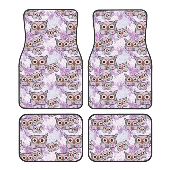 4-Piece Fuzzy Owl Floral Print Carpet Pad Fits Most Car Floor Mats, Universal Fit Polyester All Weather Auto Floor Liners for Cars Trucks Suvs, Anti-Slip Easy Clean Interior Set