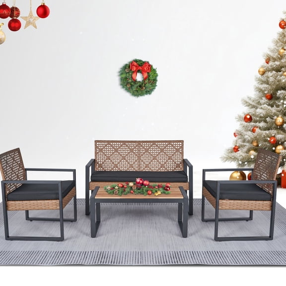 4-Piece Garden Furniture for Outdoor Use | Comfortable Seating for 4 | High-Quality Polyester Rattan and Powder-Coated Frame | Water-Based Oil Protection for Wood