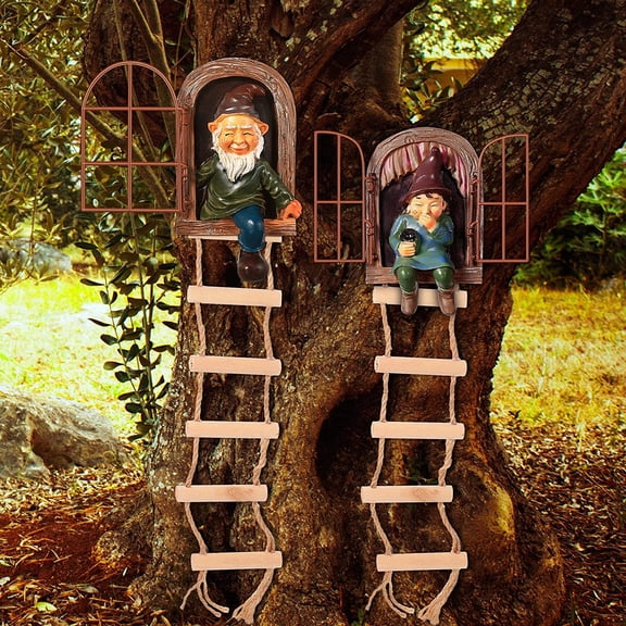 4 Piece Garden Gnomes and Hanging Ladder Tree Decor Set Rustic Style