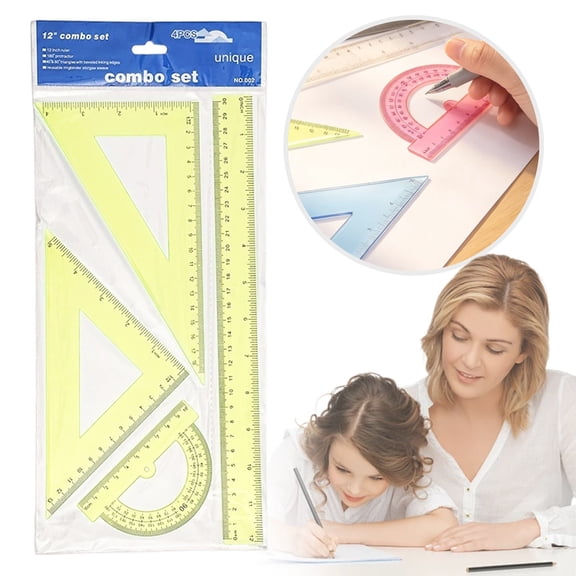 4 Piece Geometric Ruler Set,30cm Plastic Metric Inch Geometric Protractor Kit,Yellow Measuring Ruler Combo,Engineering Drafting Scale Set for Technical Sketching,Architectural Blueprint Work