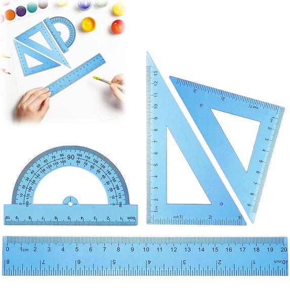 4 Piece Geometry Ruler Set, 20cm Transparent Plastic Measuring Tools with Protractor & Triangle Rulers for study