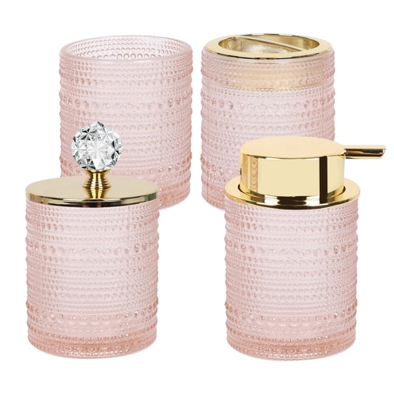 4 Piece Glass Bathroom Accessory Set Pink Vanity Decor