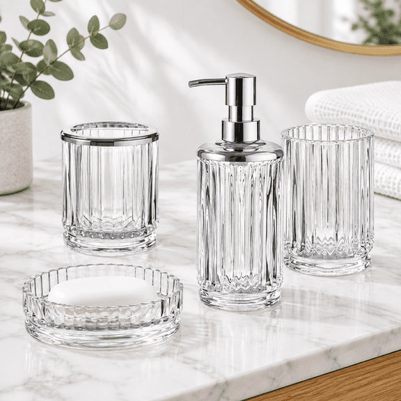 4-Piece Glass Bathroom Accessory Set with Ribbed Crystal Design