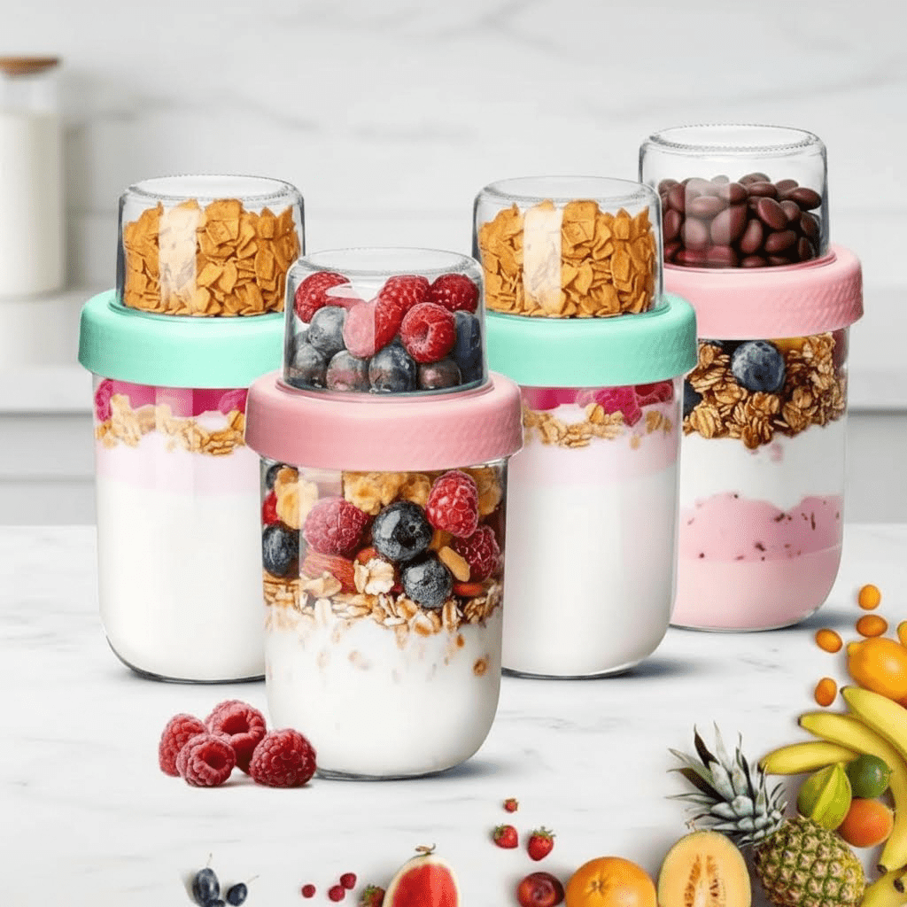 4-Piece Glass Meal Prep Containers with Lids for Overnight Oats, Chia ...