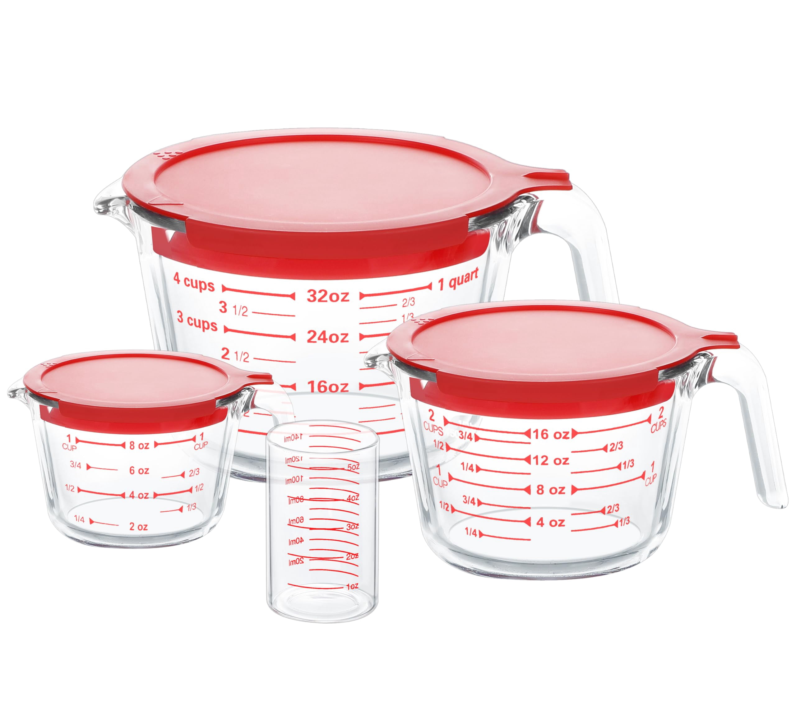 4 Piece Glass Measuring Cups Set  5 Oz 1-cup 2-cup 4-cup Liquid With Lids For Kitchen Freezer And Microwave Safe