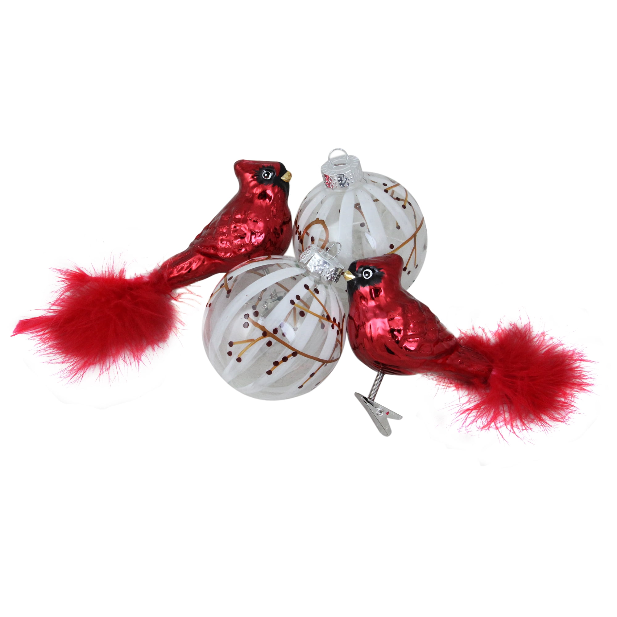 4-Piece Glitter Cardinal Shaped and Matching White Ball Glass Ornaments Set