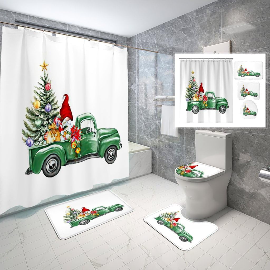 4 Piece Gnome Christmas Shower Curtain Set Black Christmas Hat Red