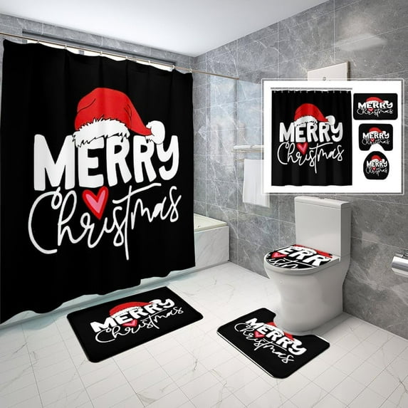 4 Piece Gnome Christmas Shower Curtain Set Black Christmas Hat Red Heart-Shaped Bathroom Sets with Non-Slip Rugs, Toilet Lid Cover and Bath Mat with Standard Size