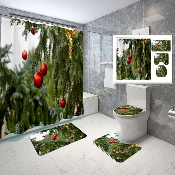 4 Piece Gnome Christmas Shower Curtain Set Black Christmas Hat Red Heart-Shaped Bathroom Sets with Non-Slip Rugs, Toilet Lid Cover and Bath Mat with Standard Size