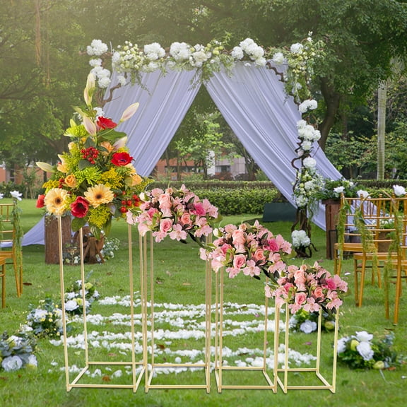 4-Piece Gold Flower Stand Set Staggered Heights 17-35 Inch Square Pillar Pedestals Steel Display Racks for Weddings