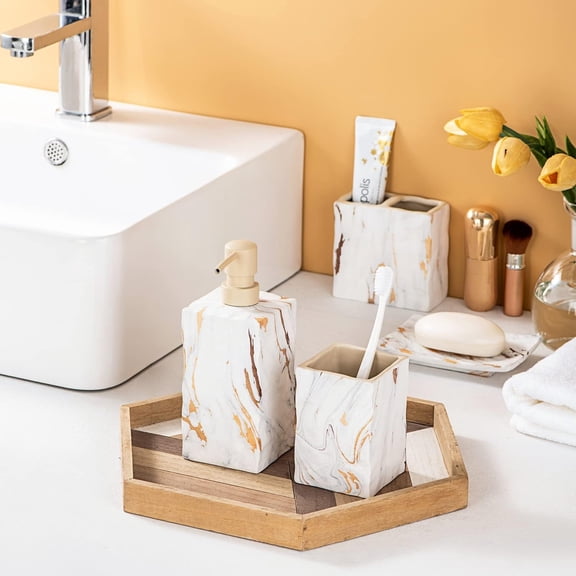 4-Piece Gold Marble Look Ceramic Bathroom Accessories Set