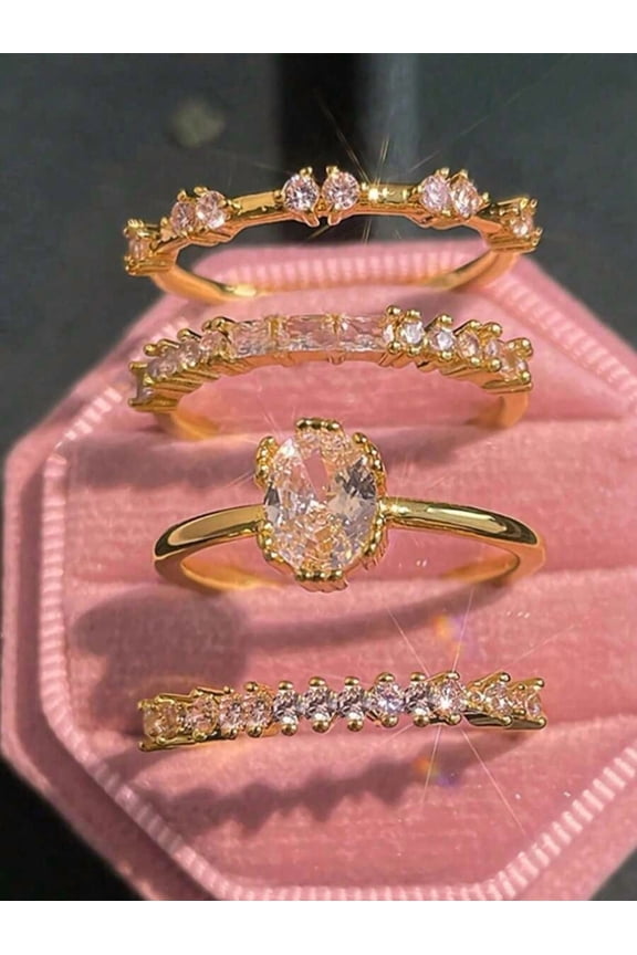 4-Piece Gold Stackable Ring Set With Cubic Zirconia Teardrop And Rectangle Accents, Elegant Daily Wear Jewelry