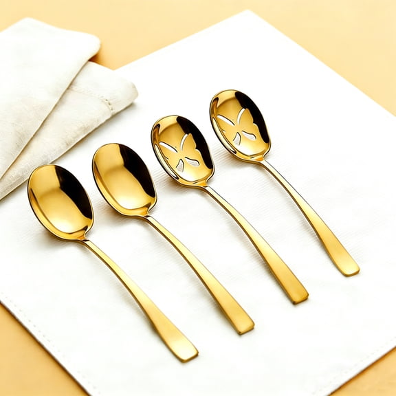 Luxury Gold Serving Spoons Set, 4-Piece (2 Solid & 2 Slotted) - 9.2 Inch Elegant Stainless Steel Utensils for Entertaining, Dishwasher Safe - Perfect for Parties, Wedding, Buffet