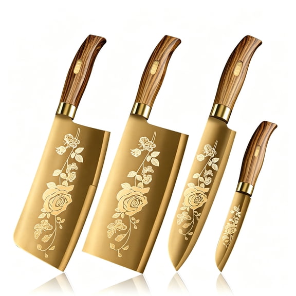 4 Piece Gold Titanium Coated Kitchen Knife Set, Ultra Sharp Stainless Steel Chef Cleaver Utility Paring Knives, Rust Resistant Non-Stick Kitchen Cutlery for Meat Vegetable Fruit Prep