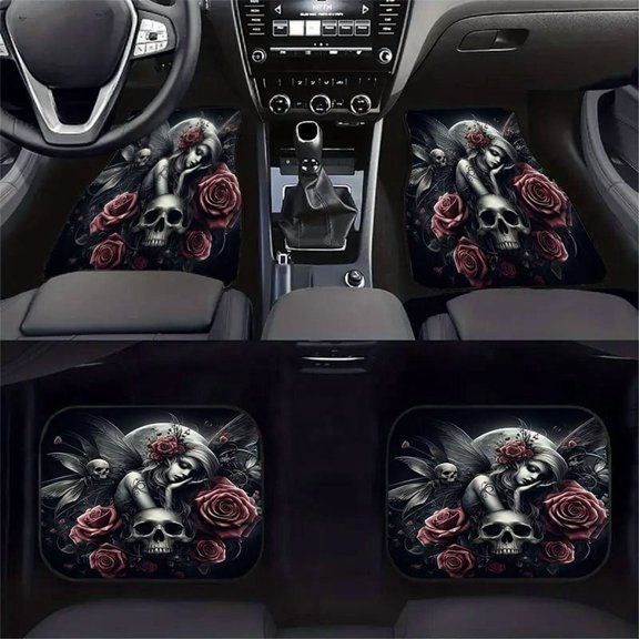 4-Piece Gothic Rose Skull Car Floor Mats, Universal Fit Auto Floor Liners For Cars Trucks Suvs, Anti-Slip All-Weather Interior Protection, Easy Clean Set