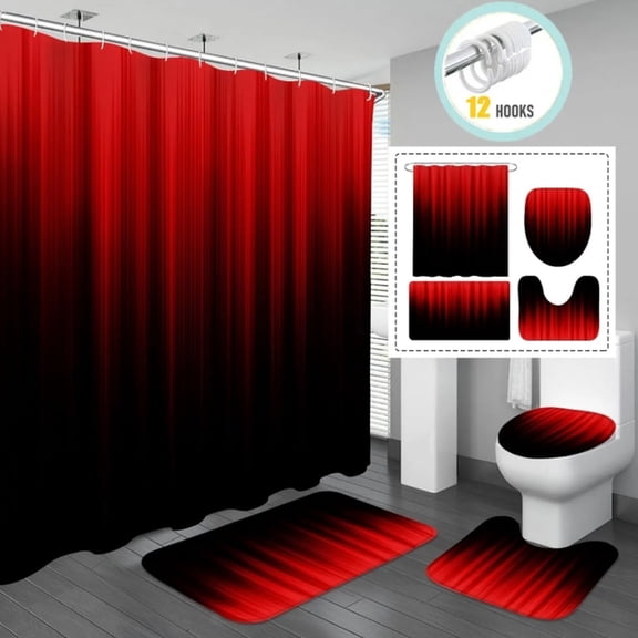 4-Piece Gradient Modern Shower Curtain And Bathroom Carpet Set In Red C Four Pieces Beddings Colro:Red Material:Polyester-Cotton Blend