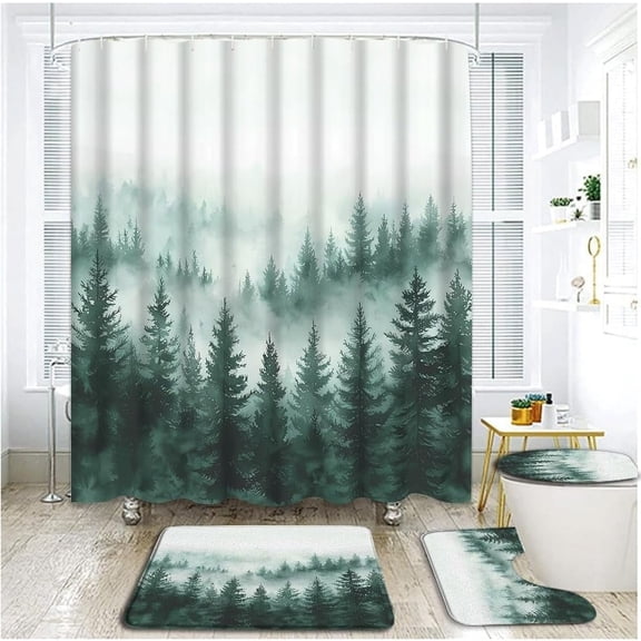 4 Piece Green Foggy Forest Shower Curtain Set with Rugs, Toilet Lid Cover ,Watercolor Misty Trees Fantasy Fog Pine Outdoor Cool Woodland Nature Scenery Landscape Bathroom Shower Curtain with Hooks