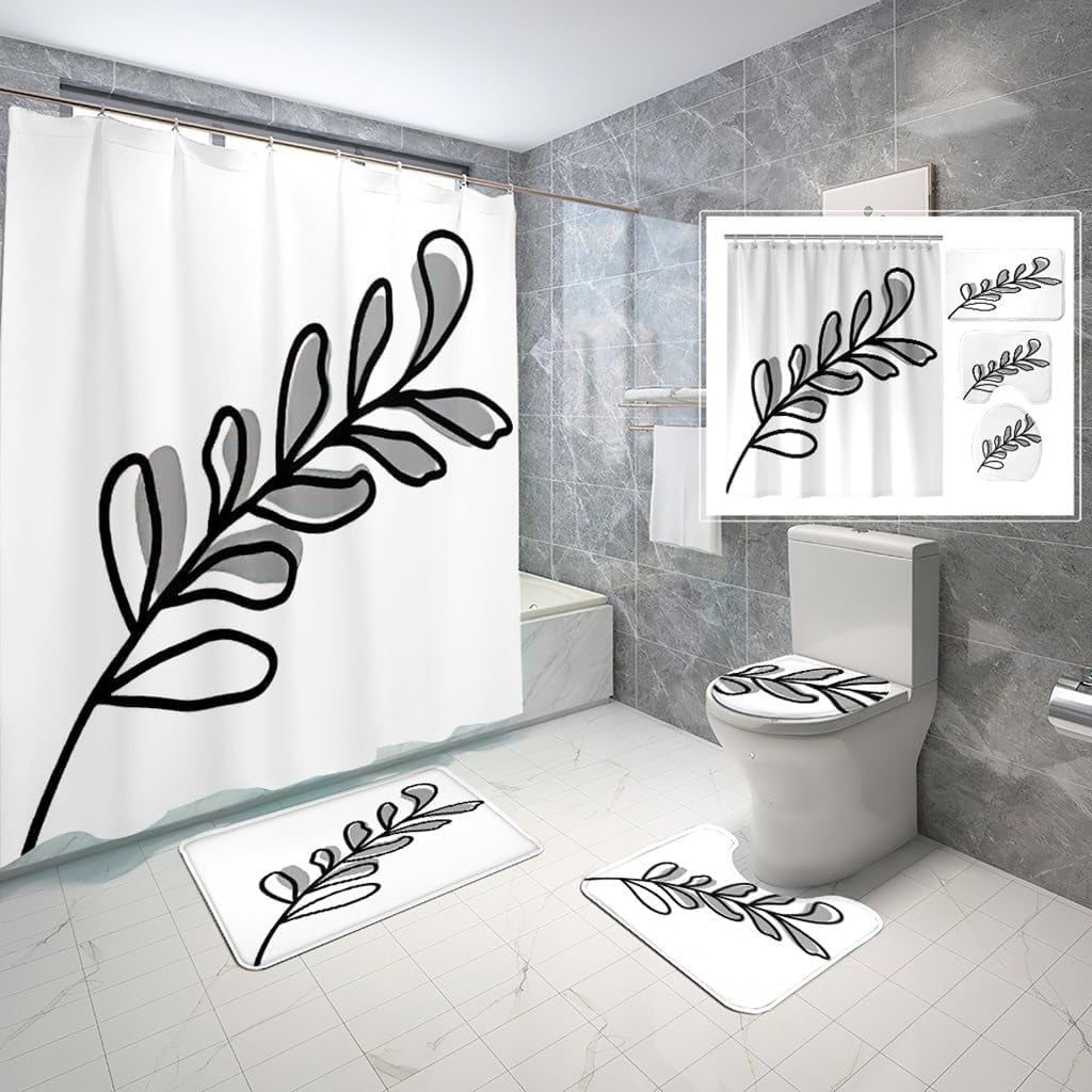 4 Piece Grey Branch Shower Curtain Set Abstract Tree Branches Shadows Beige Concrete Bathroom Sets with Non-Slip Rugs, Toilet Lid Cover and Bath Mat with Standard Size