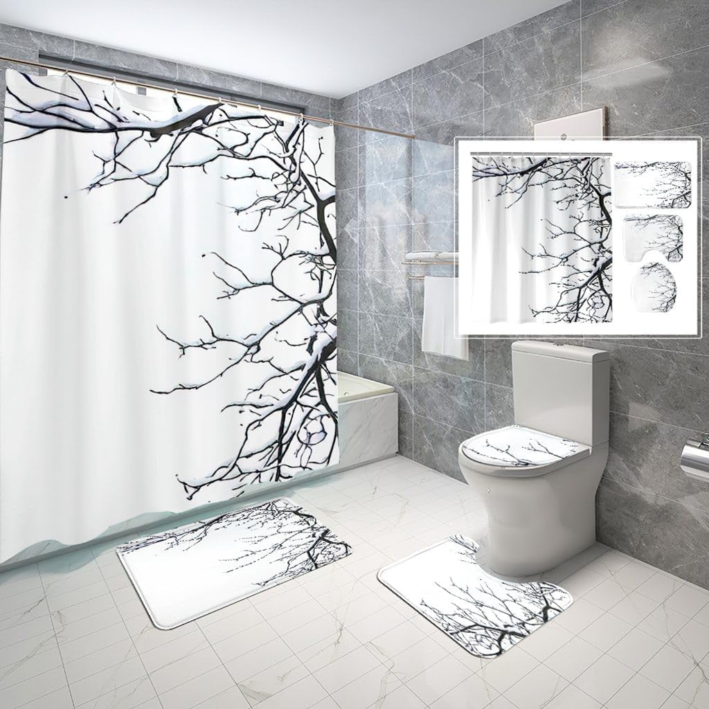 4 Piece Grey Branch Shower Curtain Set Abstract Tree Branches Shadows Beige Concrete Bathroom Sets with Non-Slip Rugs, Toilet Lid Cover and Bath Mat with Standard Size