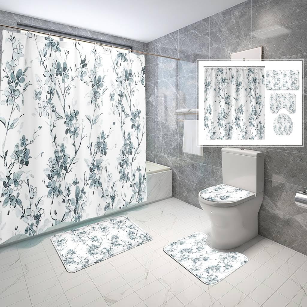 4 Piece Grey Branch Shower Curtain Set Abstract Tree Branches Shadows Beige Concrete Bathroom Sets with Non-Slip Rugs, Toilet Lid Cover and Bath Mat with Standard Size